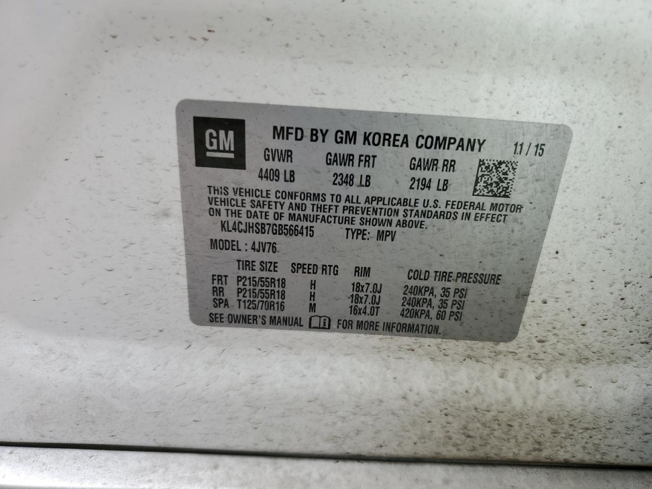 2016 Buick Encore Premium VIN: KL4CJHSB7GB566415 Lot: 66525415