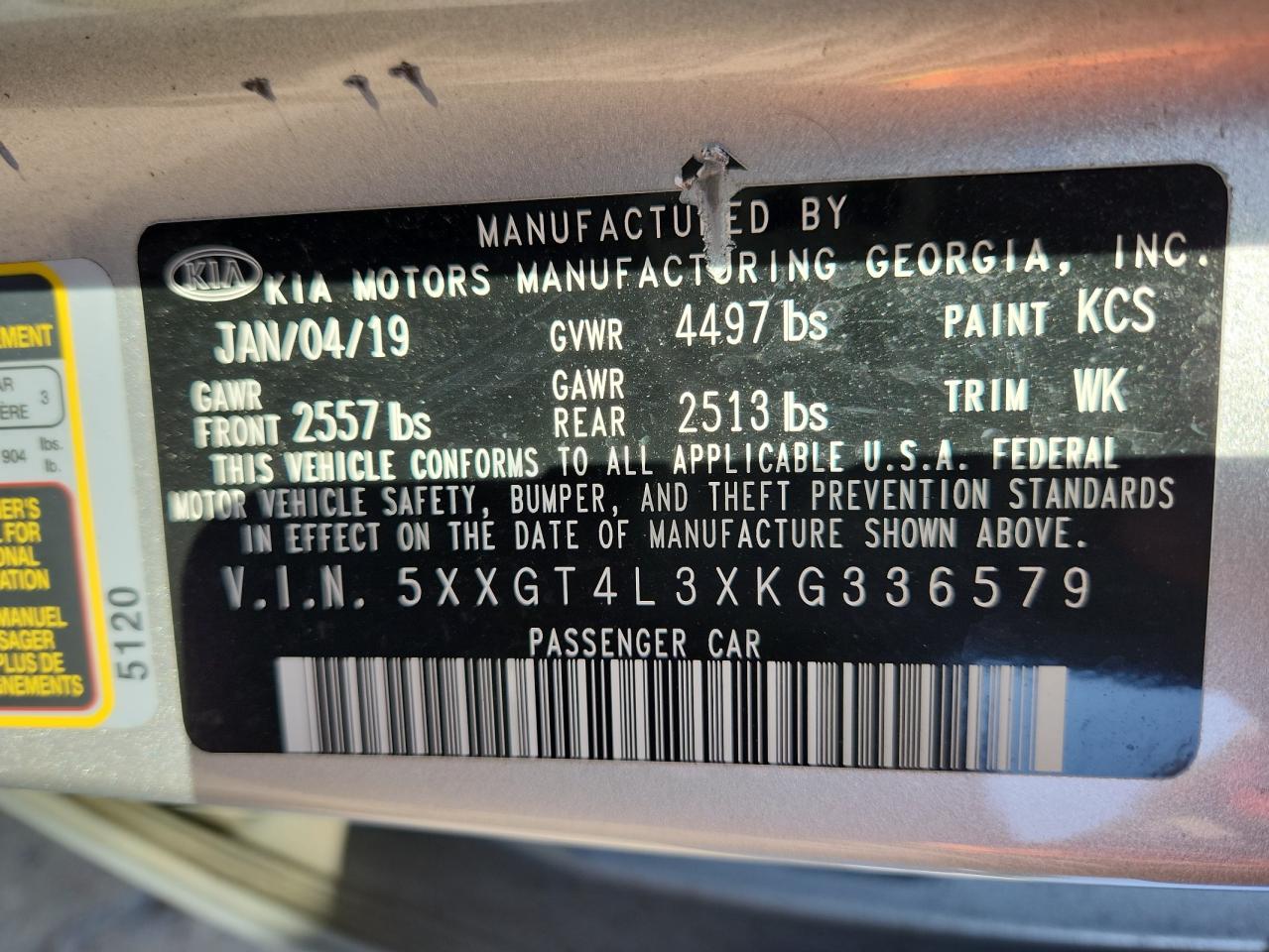 5xxgt4l3xkg336579 5XXGT4L3XKG336579 2019 Kia Optima Lx