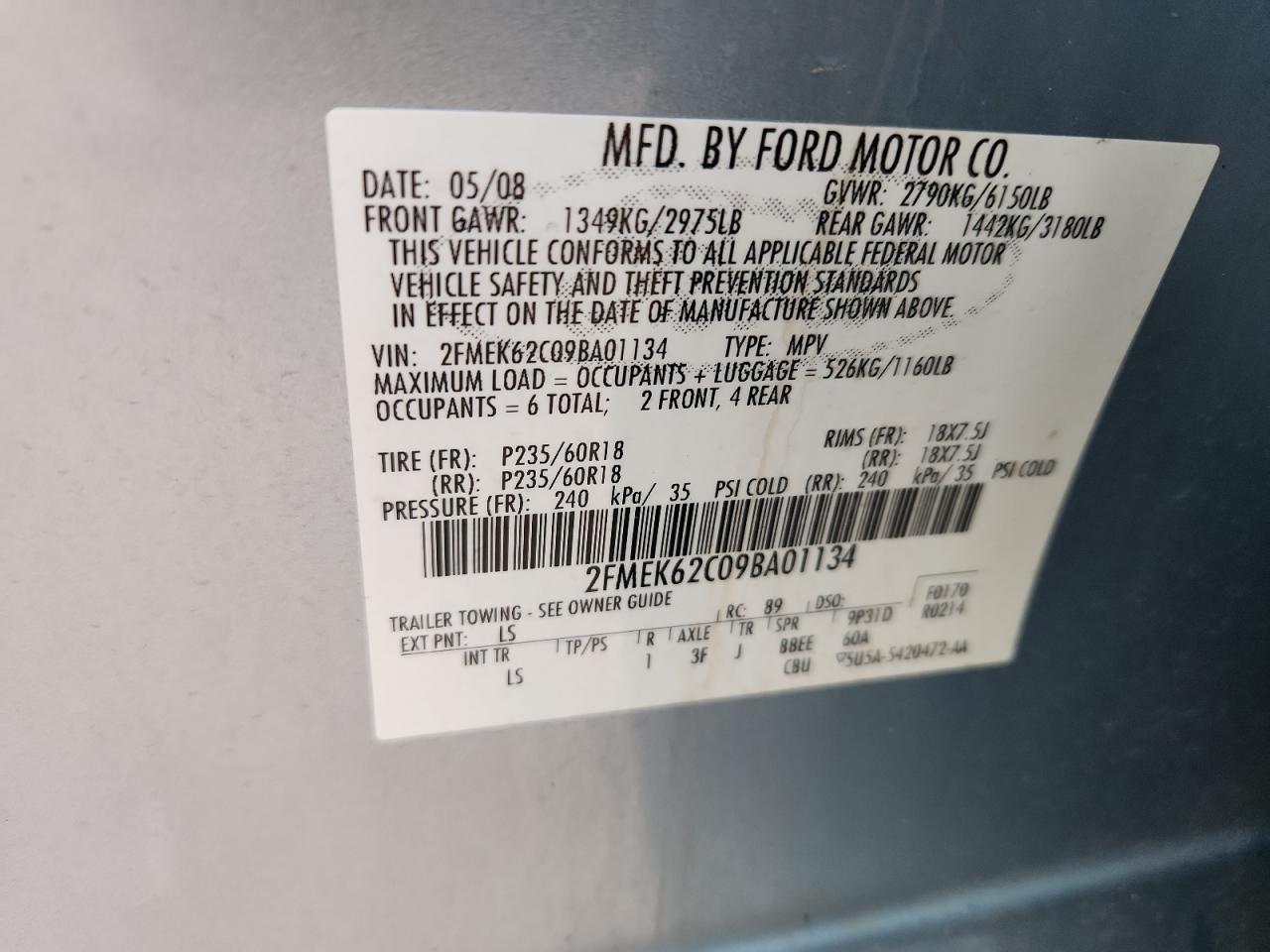 2009 Ford Flex Sel VIN: 2FMEK62C09BA01134 Lot: 65555965