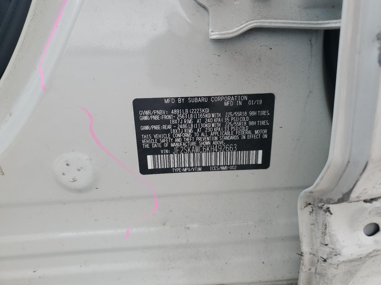 2019 Subaru Forester Touring VIN: JF2SKAWC6KH492663 Lot: 62405135