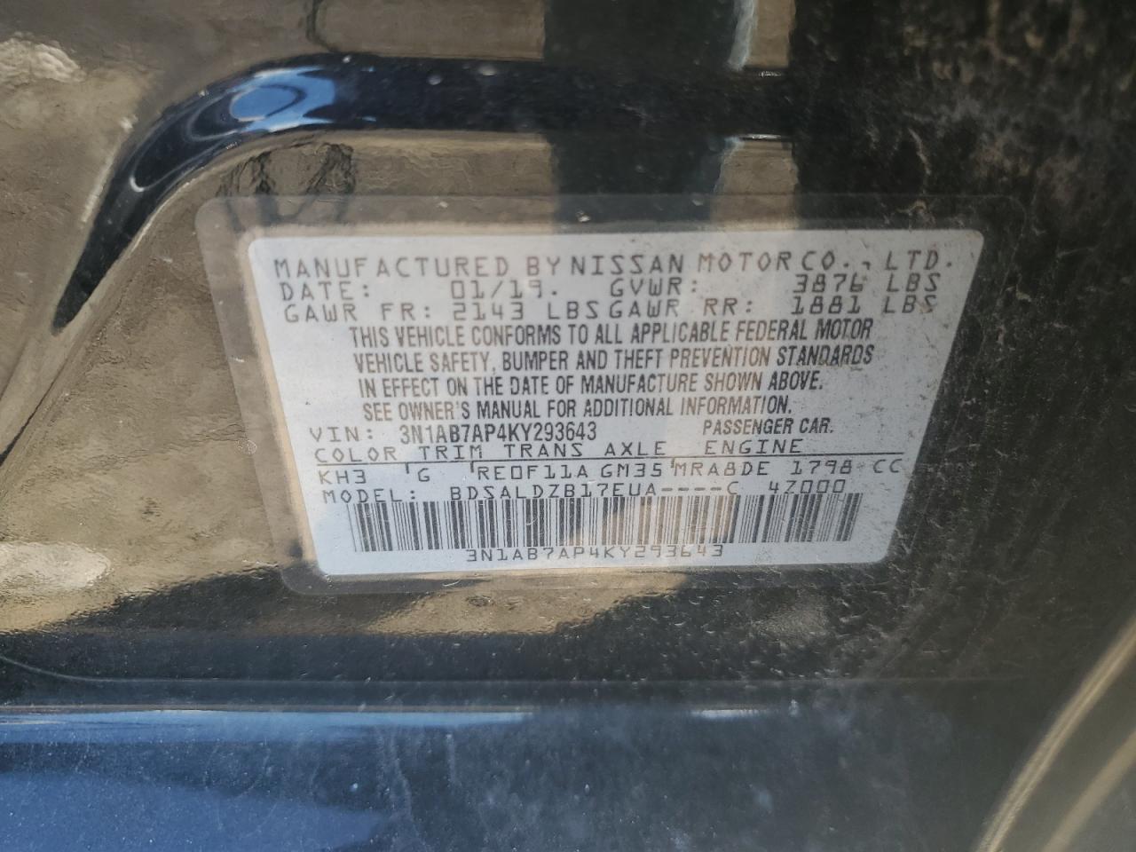 2019 Nissan Sentra S VIN: 3N1AB7AP4KY293643 Lot: 63129855