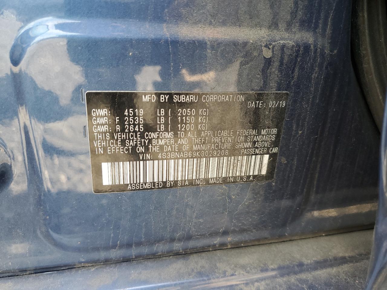 2019 Subaru Legacy 2.5I VIN: 4S3BNAB69K3029208 Lot: 64976005