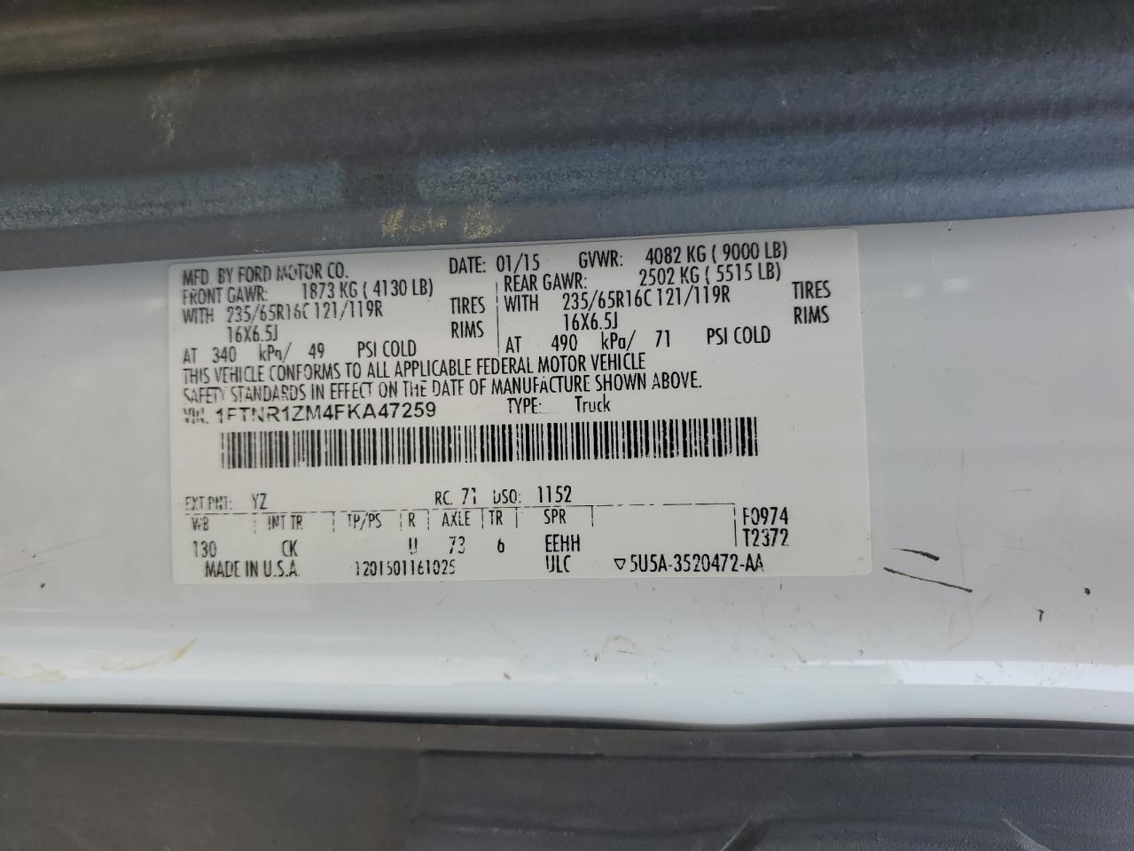 2015 Ford Transit T-250 VIN: 1FTNR1ZM4FKA47259 Lot: 66326445