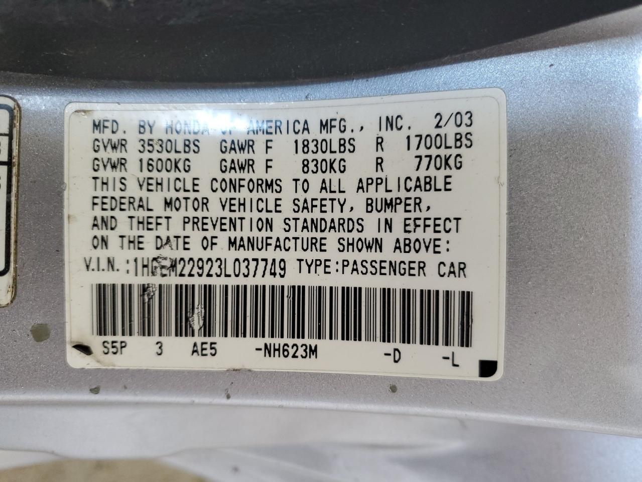 2003 Honda Civic Ex VIN: 1HGEM22923L037749 Lot: 63536015
