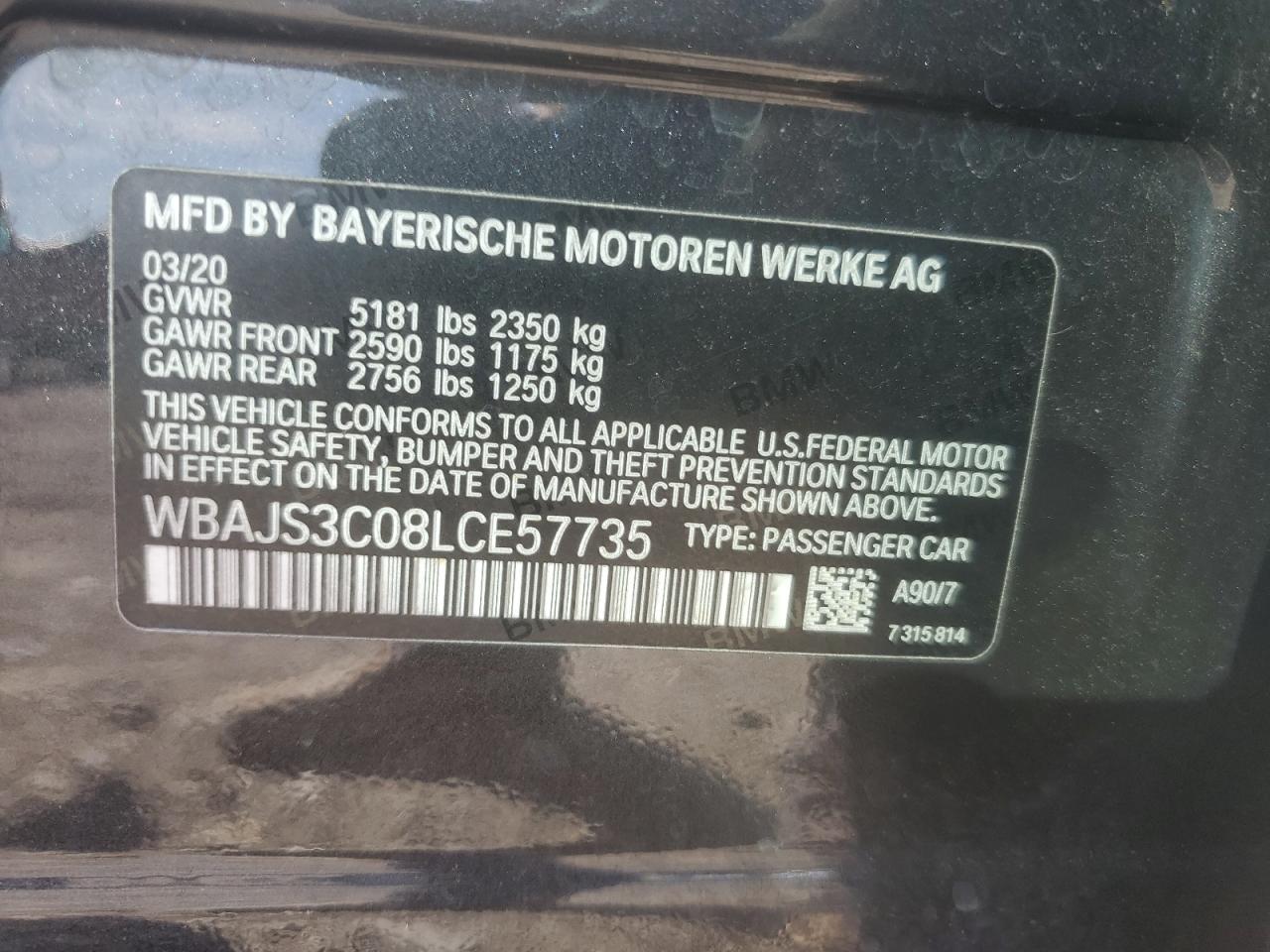 2020 BMW 540 Xi VIN: WBAJS3C08LCE57735 Lot: 63230605