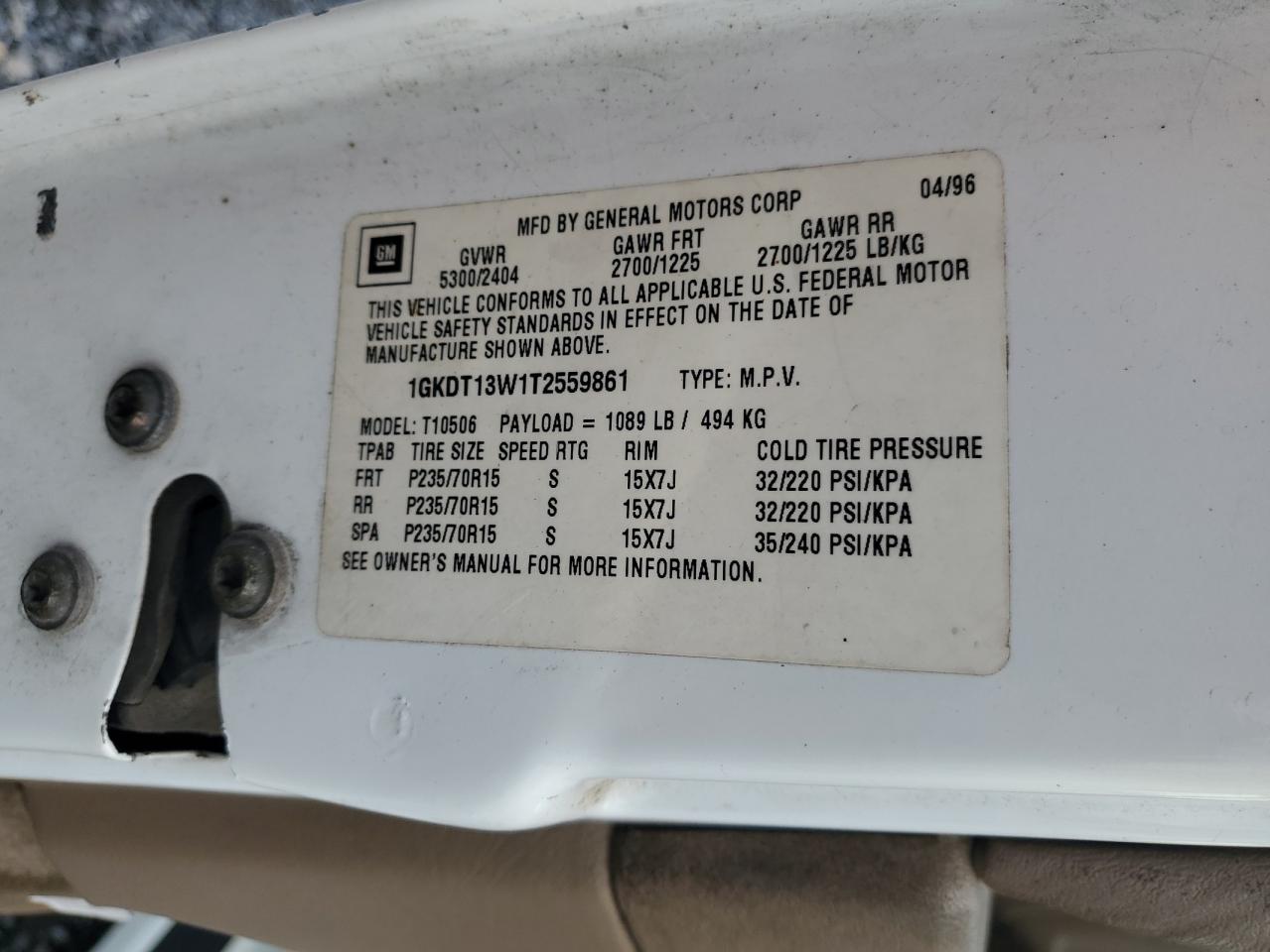 1996 GMC Jimmy VIN: 1GKDT13W1T2559861 Lot: 63273465