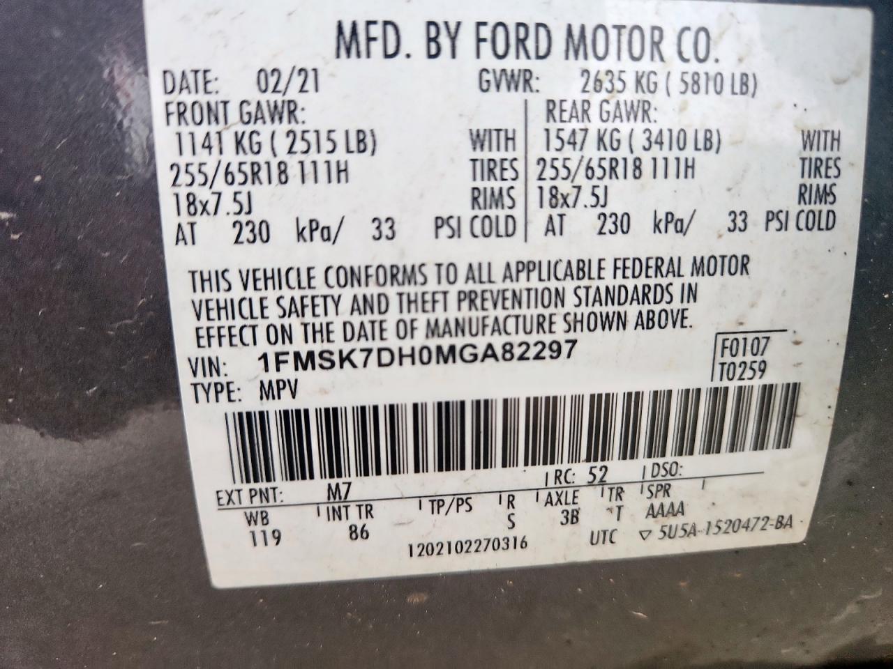 2021 Ford Explorer Xlt VIN: 1FMSK7DH0MGA82297 Lot: 64181265