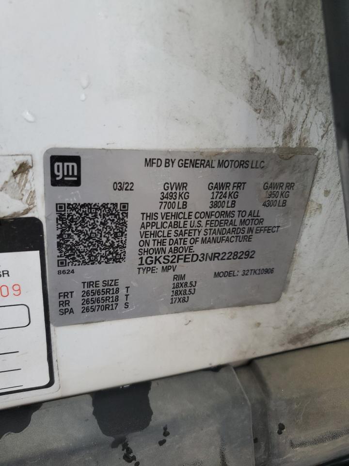 2022 GMC Yukon Xl K1500 Sle VIN: 1GKS2FED3NR228292 Lot: 62836655
