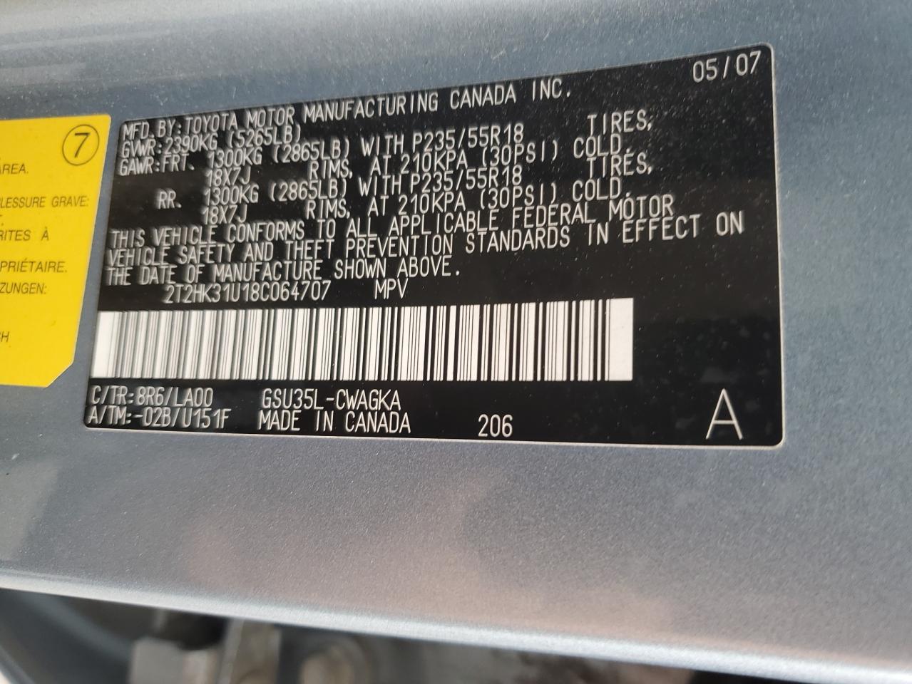 2008 Lexus Rx 350 VIN: 2T2HK31U18C064707 Lot: 65023805