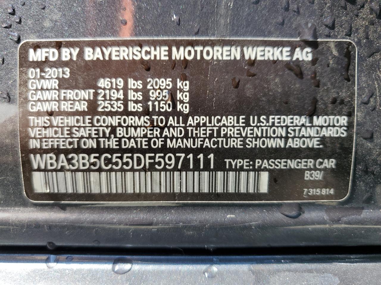 2013 BMW 328 Xi Sulev VIN: WBA3B5C55DF597111 Lot: 62063575