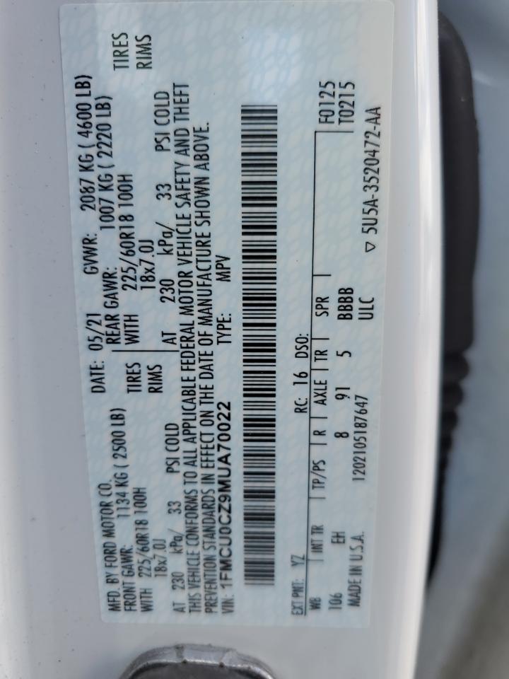 2021 Ford Escape Sel VIN: 1FMCU0CZ9MUA70022 Lot: 63195785