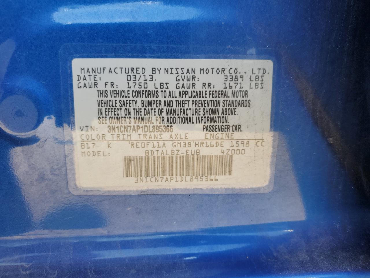 3n1cn7ap1dl895366 3N1CN7AP1DL895366 2013 Nissan Versa S