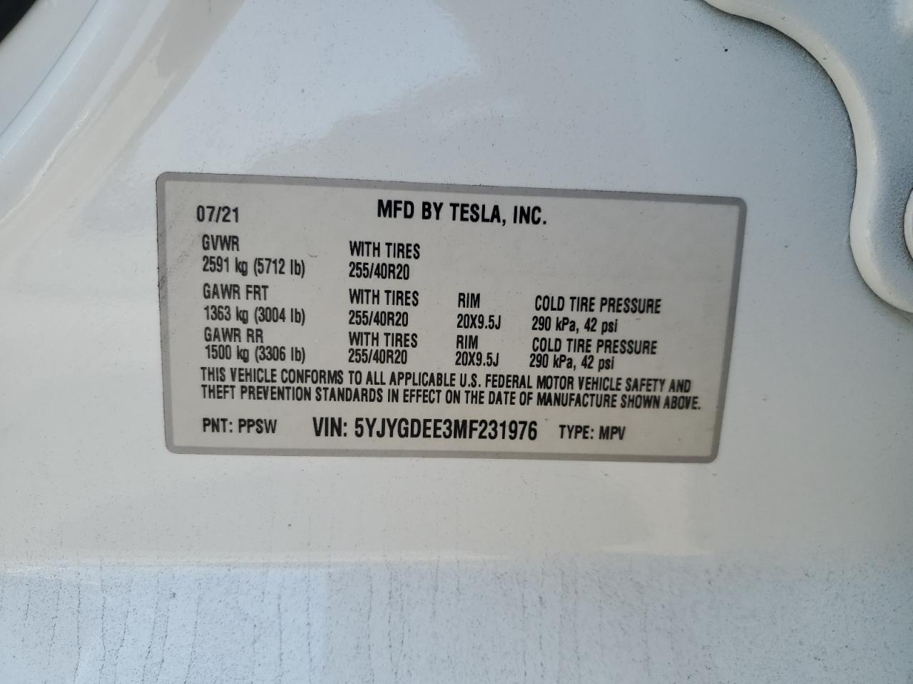 2021 Tesla Model Y VIN: 5YJYGDEE3MF231976 Lot: 63022315