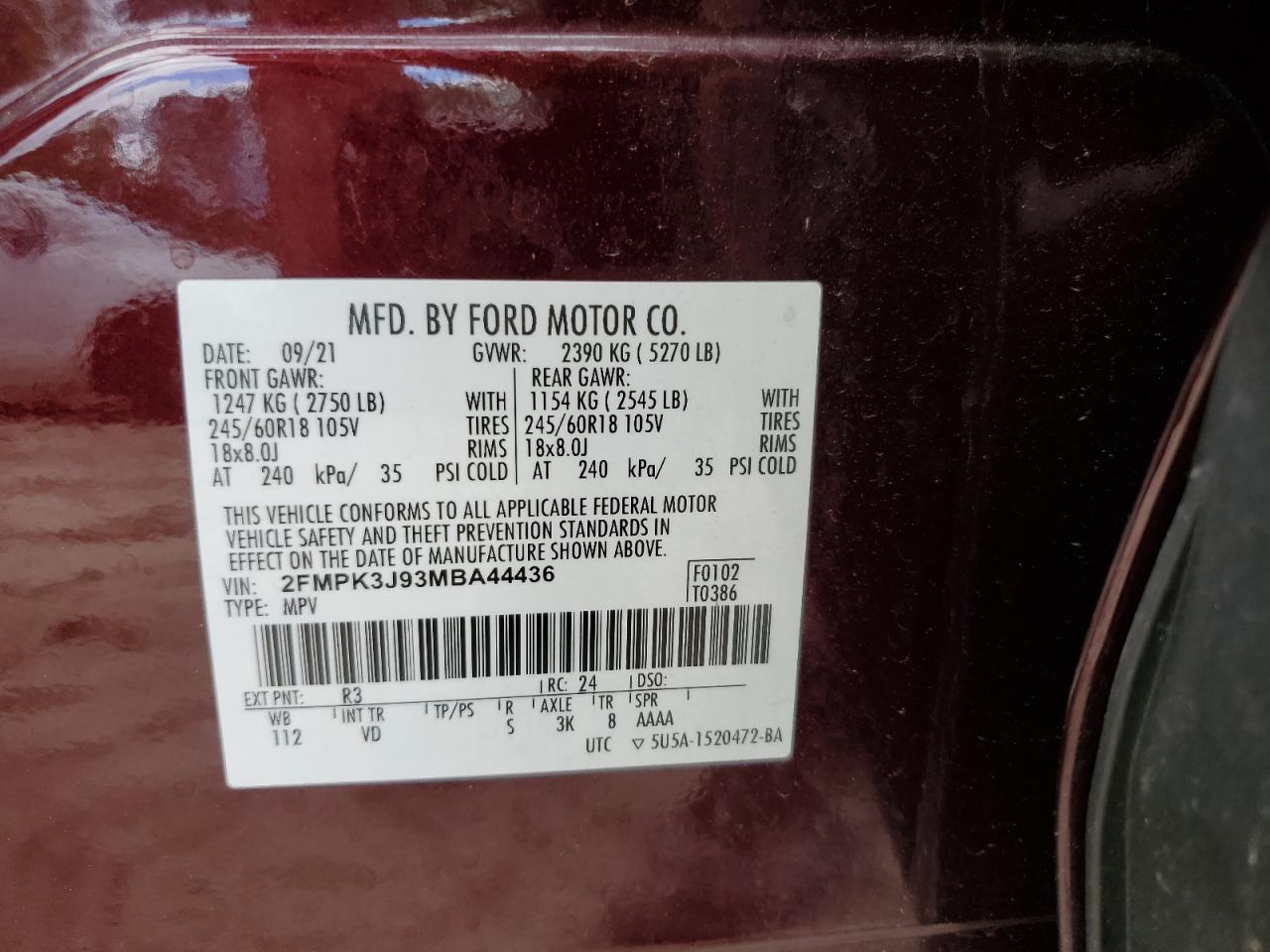 2021 Ford Edge Sel VIN: 2FMPK3J93MBA44436 Lot: 63185045