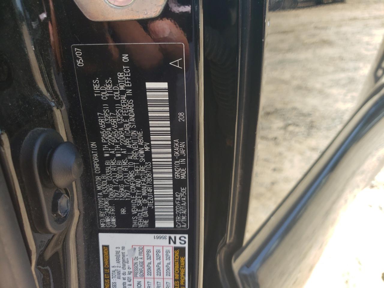 2007 Toyota 4Runner Sr5 VIN: JTEZU14R178087103 Lot: 63017195