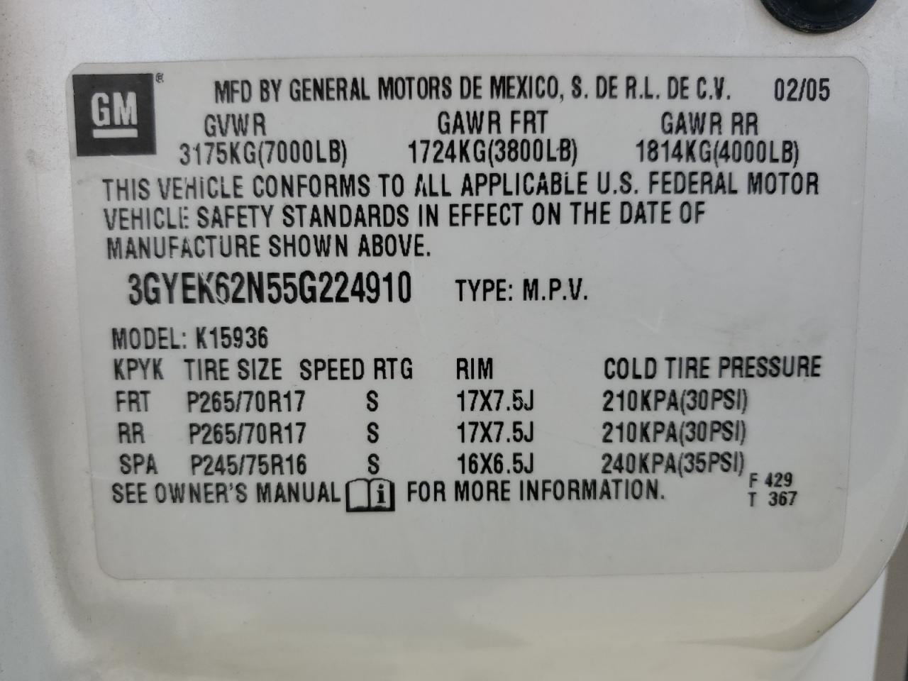 2005 Cadillac Escalade Ext VIN: 3GYEK62N55G224910 Lot: 66682135