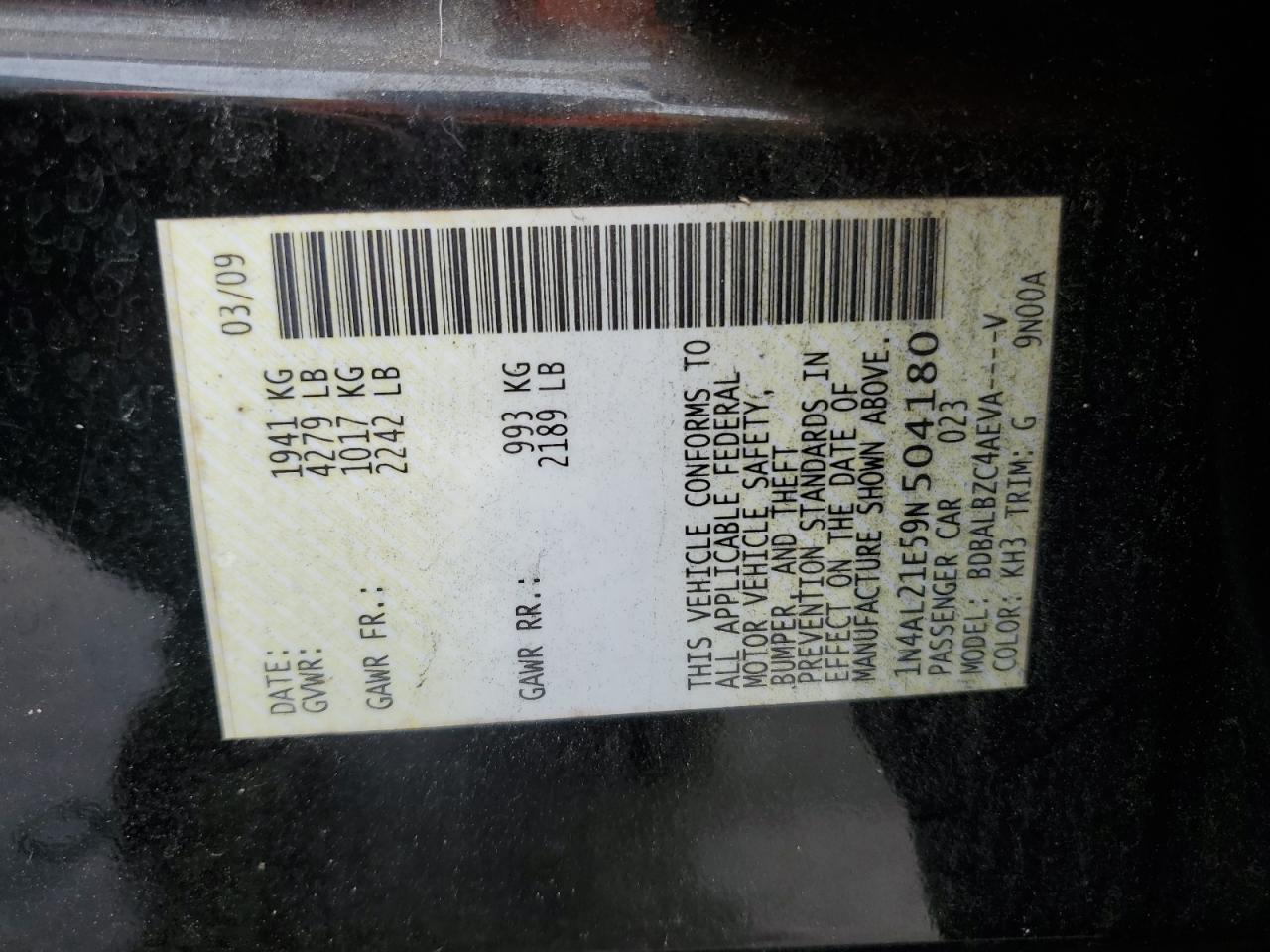2009 Nissan Altima 2.5 VIN: 1N4AL21E59N504180 Lot: 64477255
