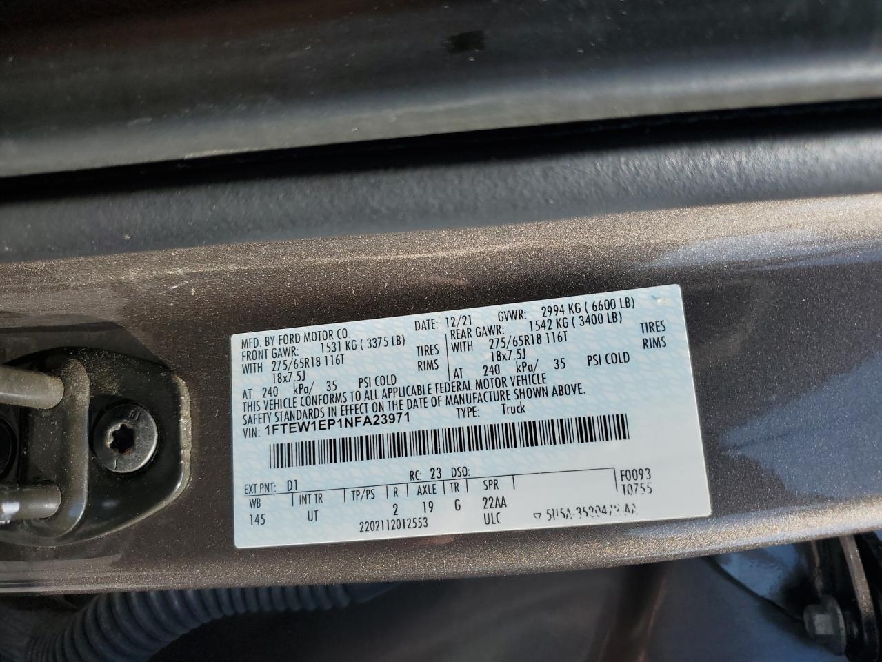 2022 Ford F150 Supercrew VIN: 1FTEW1EP1NFA23971 Lot: 66711655