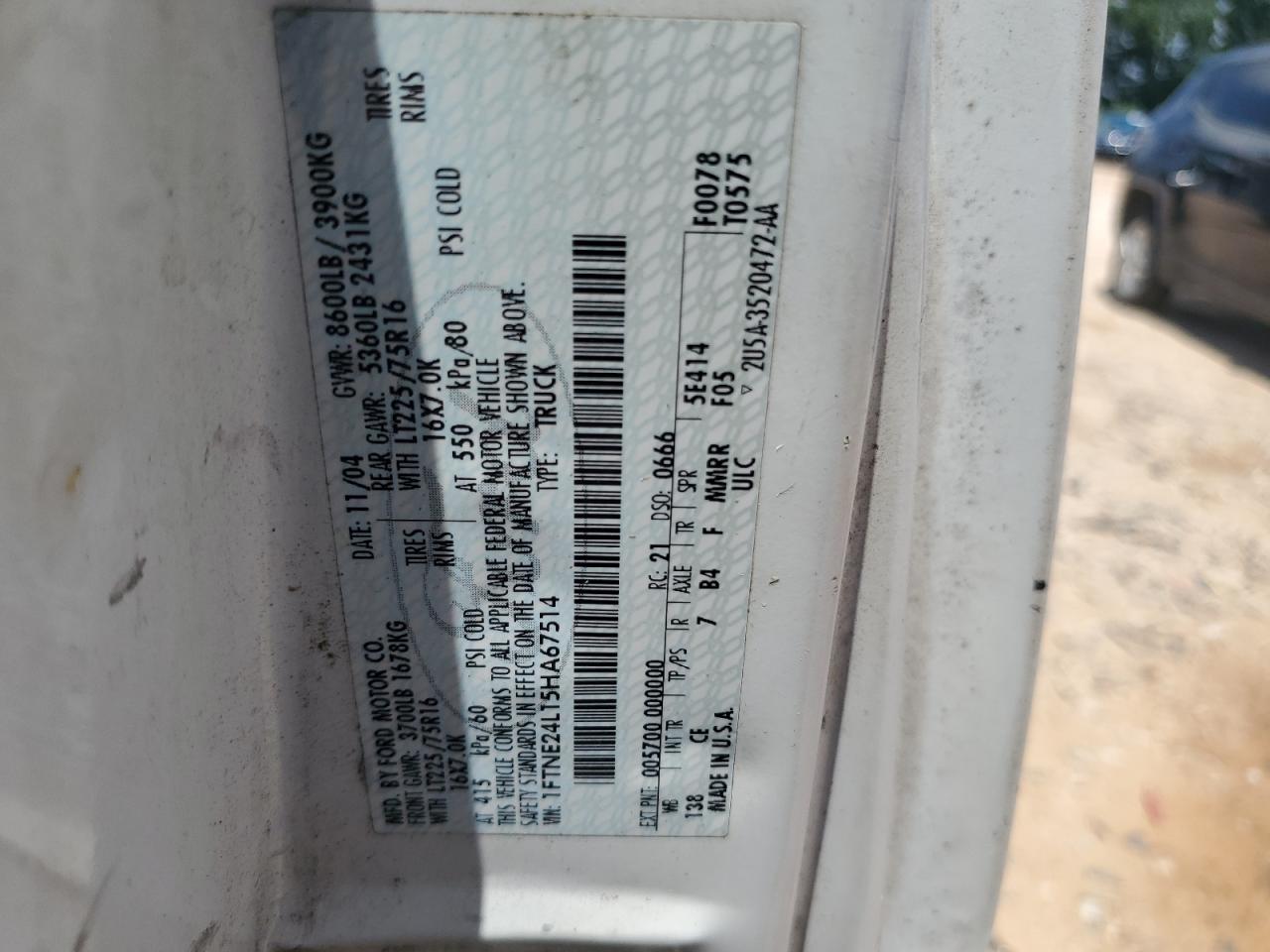 2005 Ford Econoline E250 Van VIN: 1FTNE24L15HA67514 Lot: 64952185