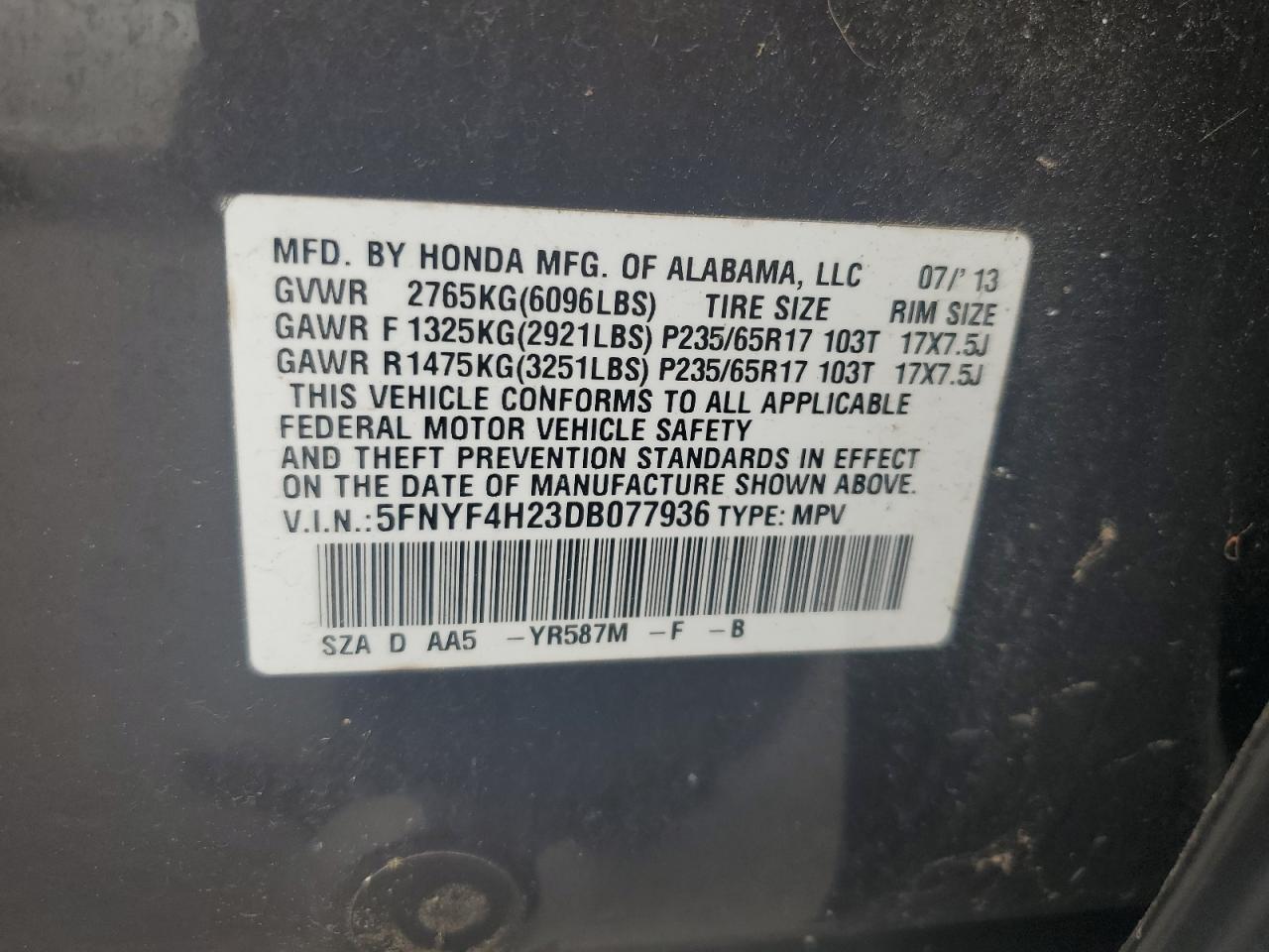 2013 Honda Pilot Lx VIN: 5FNYF4H23DB077936 Lot: 64576055