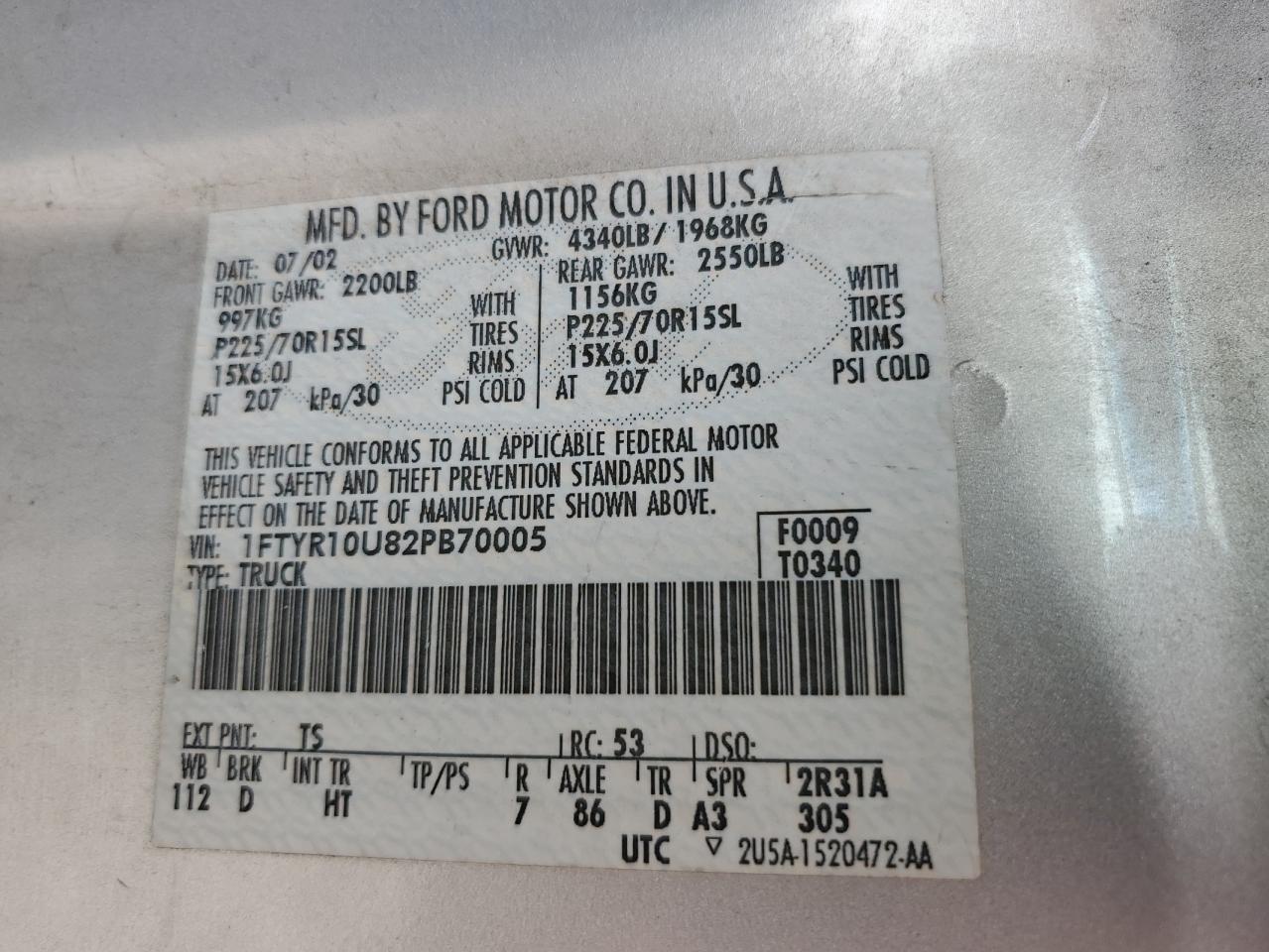 2002 Ford Ranger VIN: 1FTYR10U82PB70005 Lot: 63373285