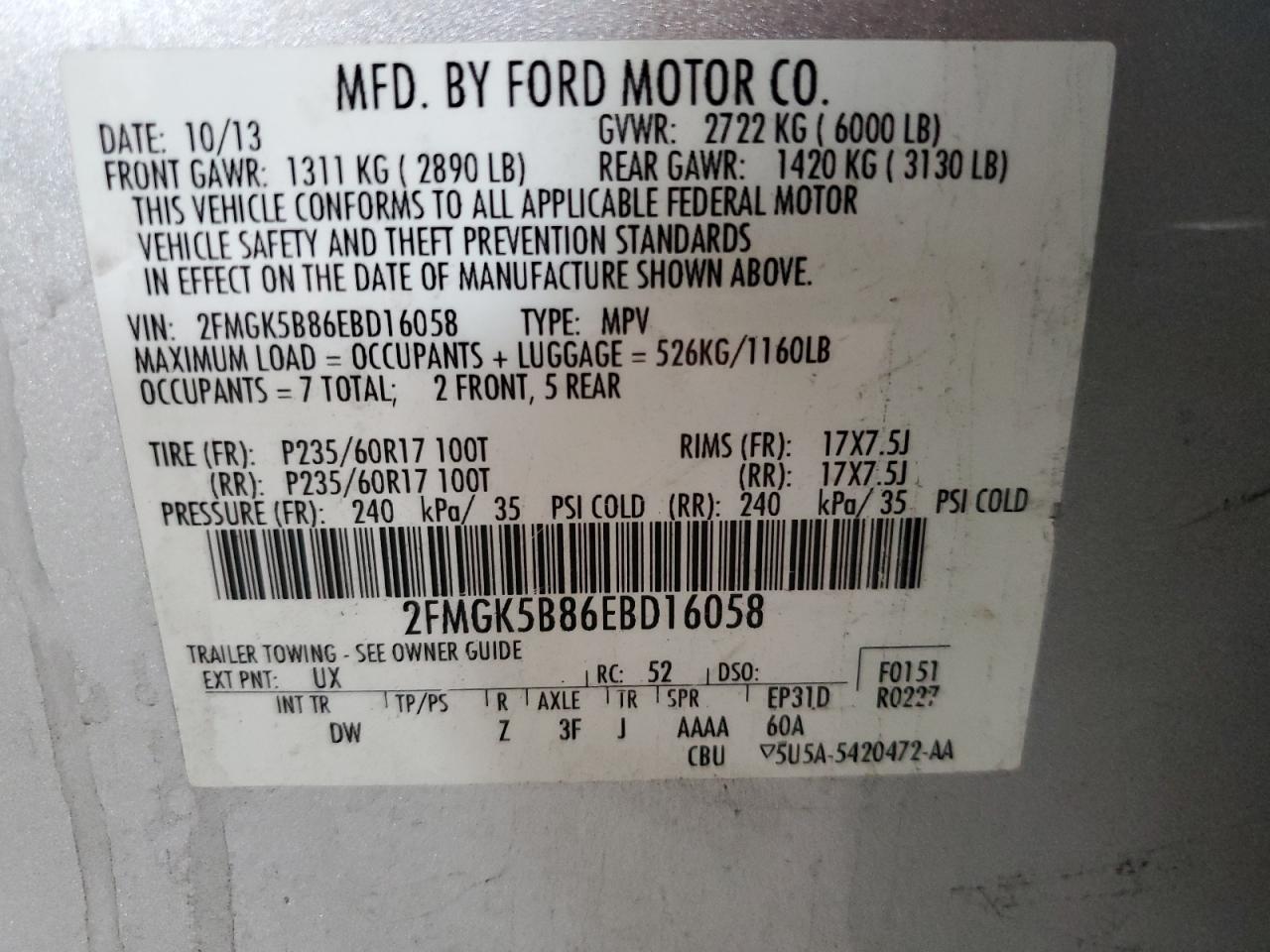 2014 Ford Flex Se VIN: 2FMGK5B86EBD16058 Lot: 64110585