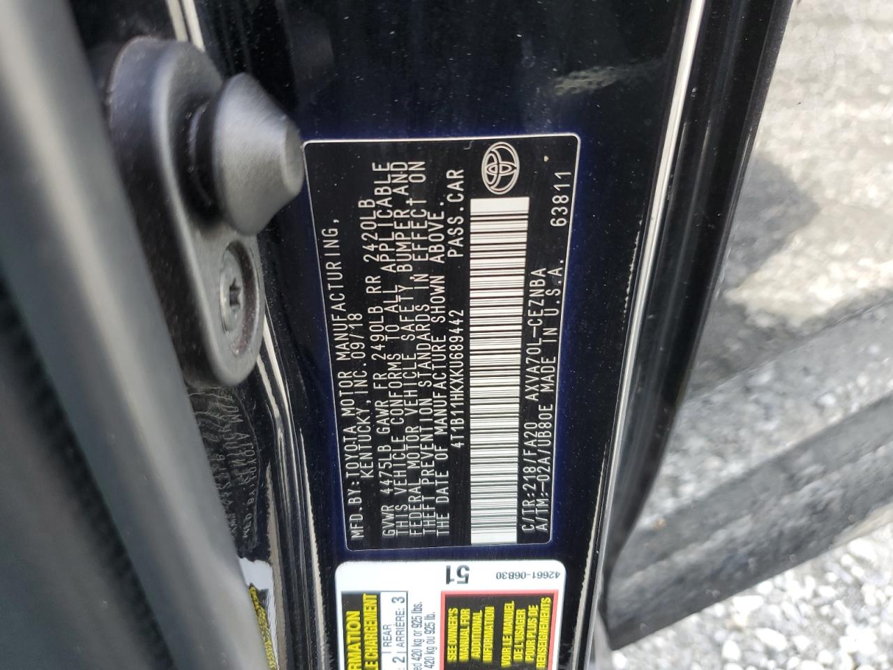 2019 Toyota Camry L VIN: 4T1B11HKXKU689442 Lot: 65639285
