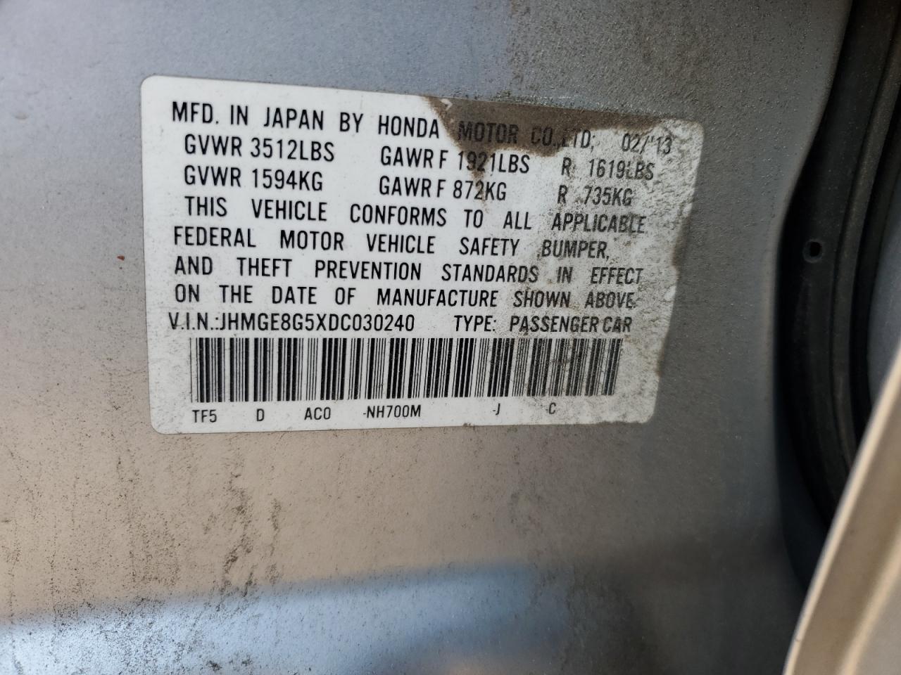 2013 Honda Fit Sport VIN: JHMGE8G5XDC030240 Lot: 64267415