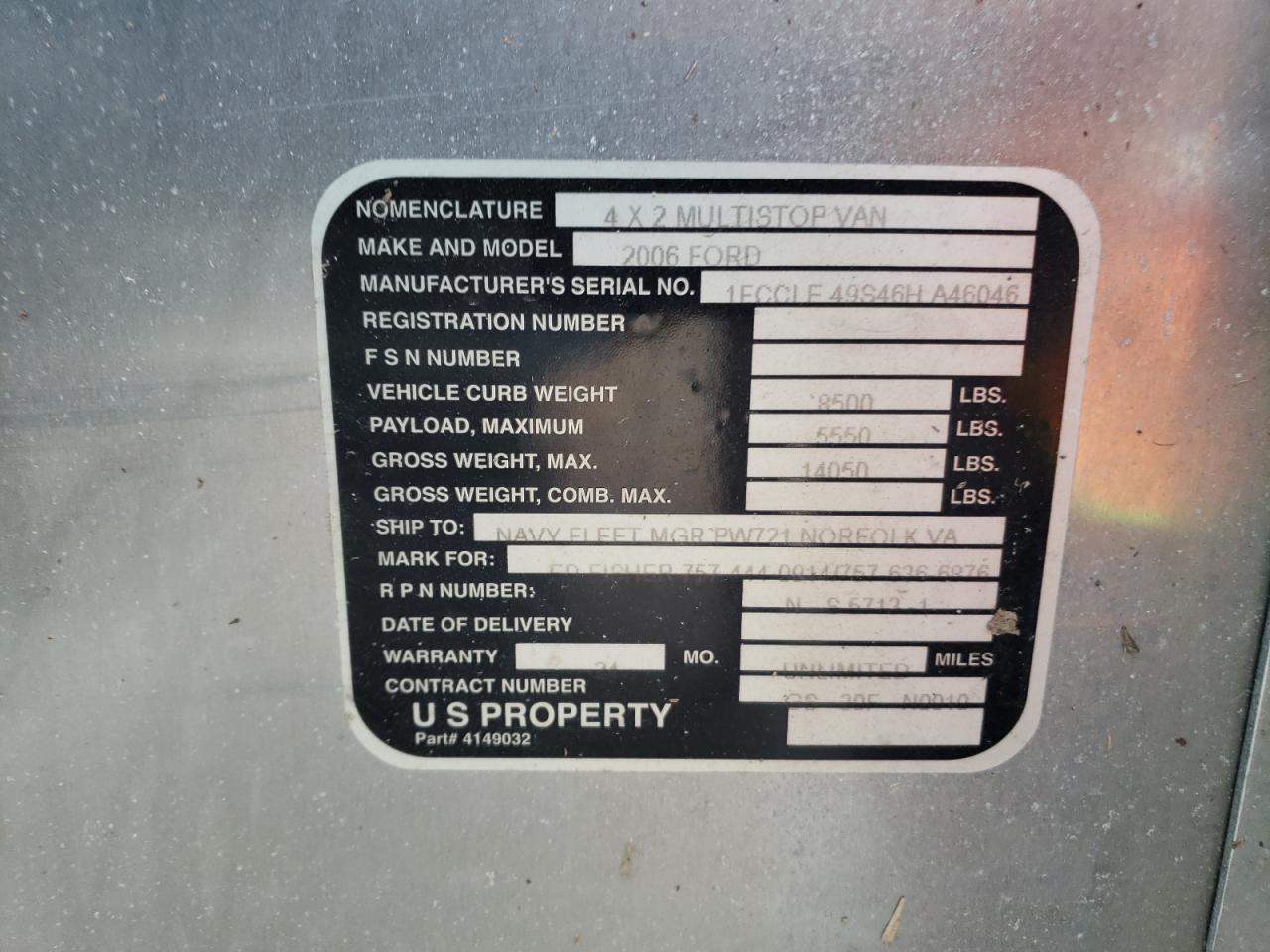 2006 Ford Econoline E450 Super Duty Commercial Stripped Chassis VIN: 1FCLE49S46HA46046 Lot: 66180095