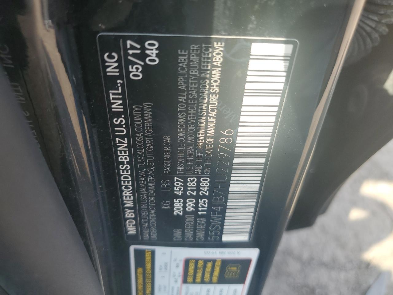 2017 Mercedes-Benz C 300 VIN: 55SWF4JB7HU229786 Lot: 64435065