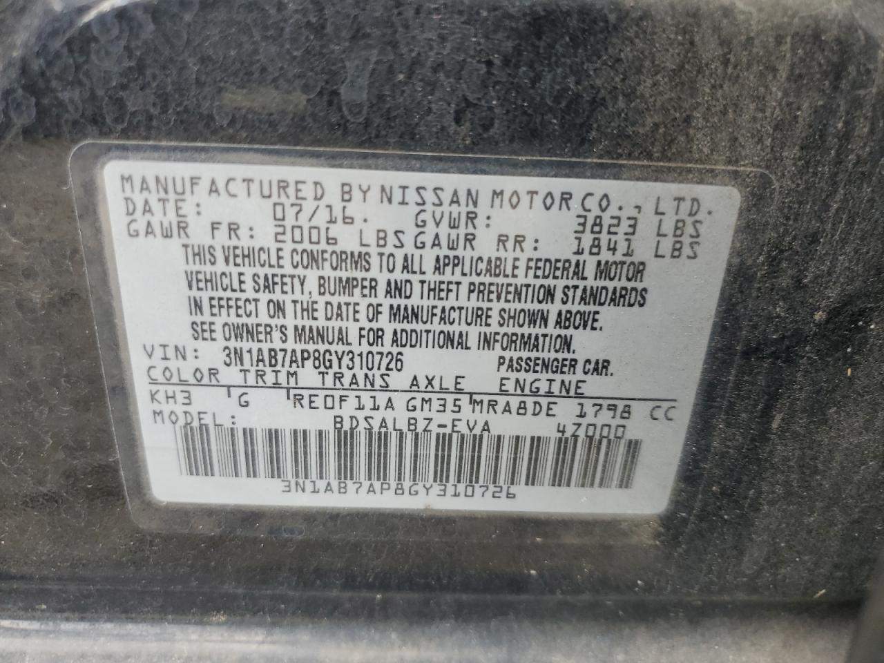 3n1ab7ap8gy310726 3N1AB7AP8GY310726 2016 Nissan Sentra S