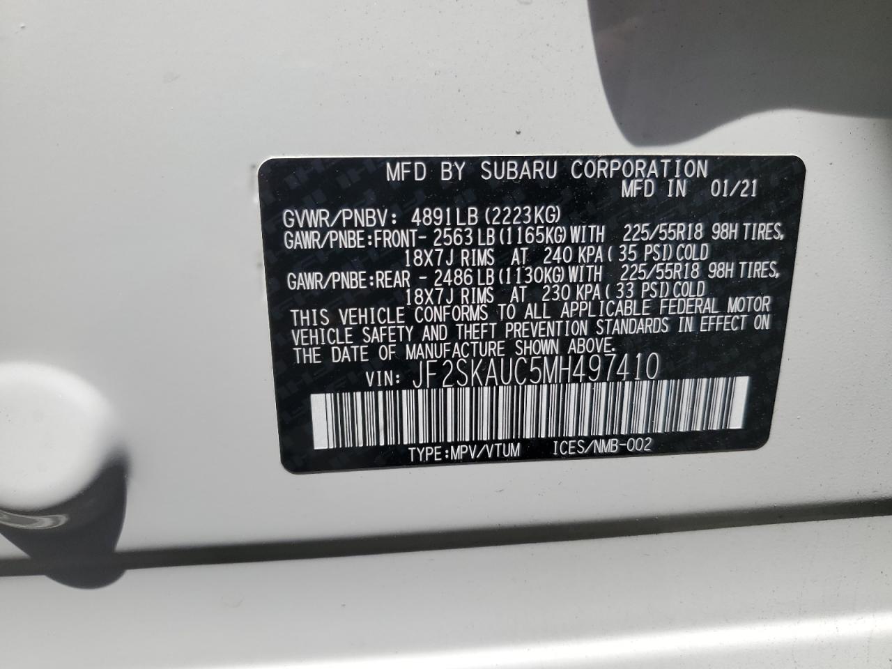 2021 Subaru Forester Limited VIN: JF2SKAUC5MH497410 Lot: 63497195