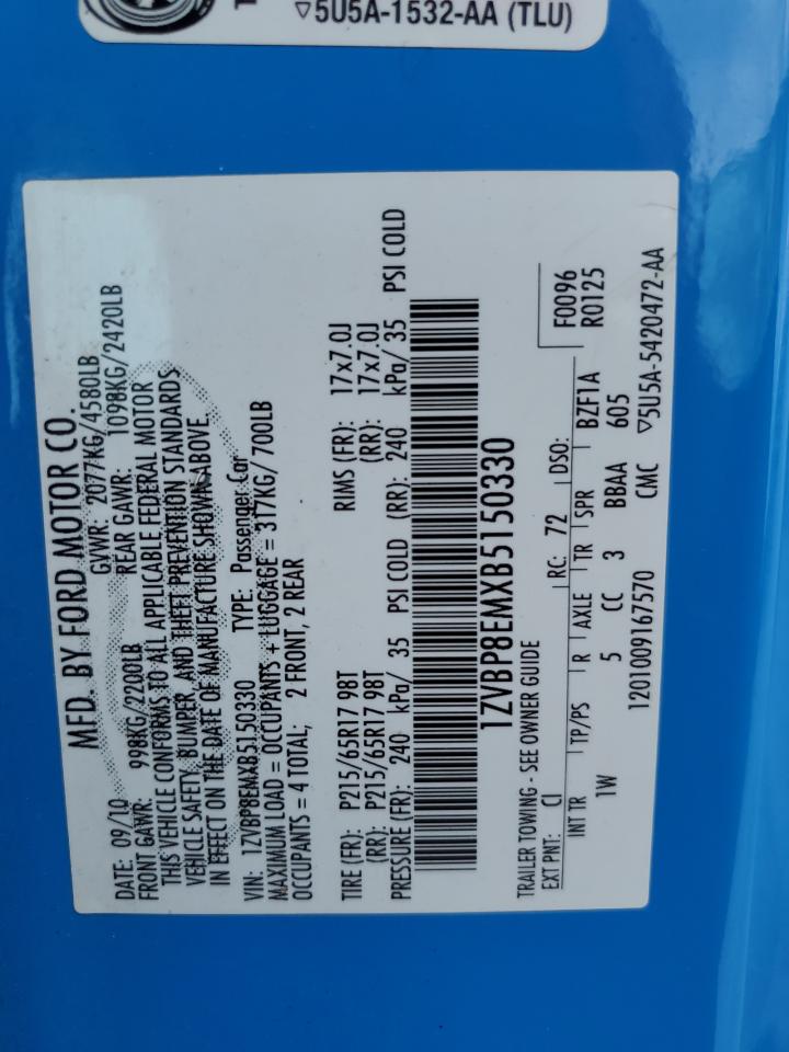 2011 Ford Mustang VIN: 1ZVBP8EMXB5150330 Lot: 62553475