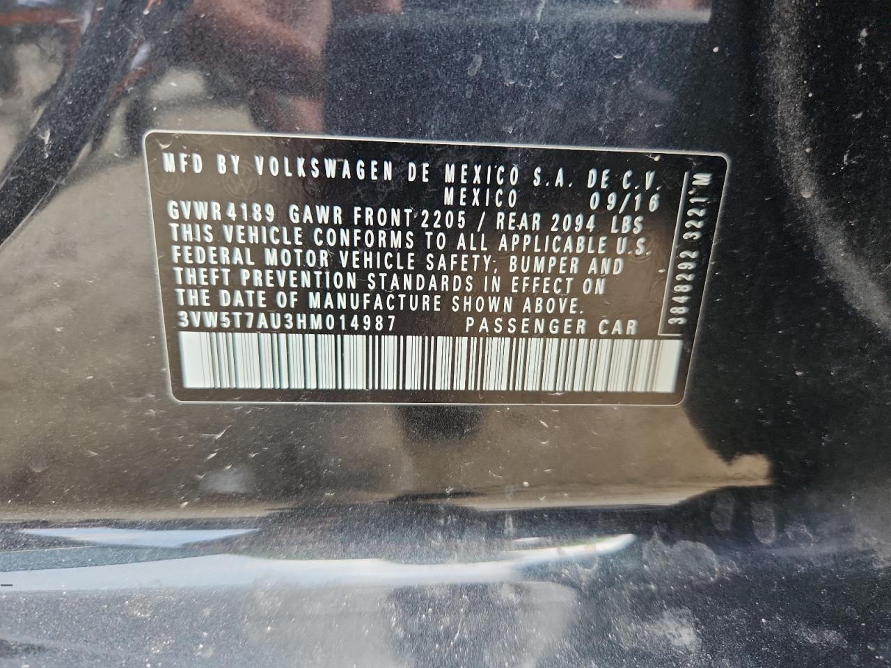2017 Volkswagen Gti S VIN: 3VW5T7AU3HM014987 Lot: 66716315