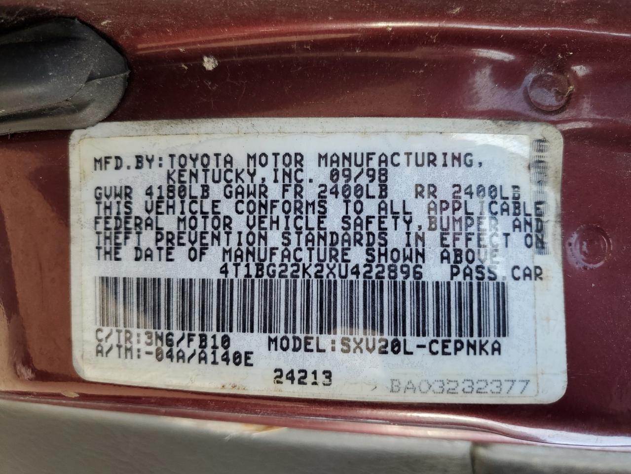 1999 Toyota Camry Ce VIN: 4T1BG22K2XU422896 Lot: 66047475