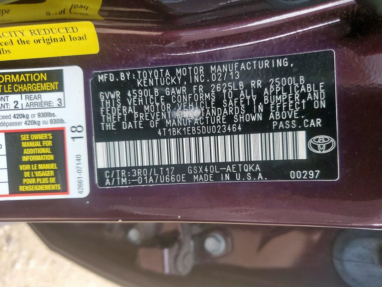 2013 Toyota Avalon Base VIN: 4T1BK1EB5DU023464 Lot: 64565465