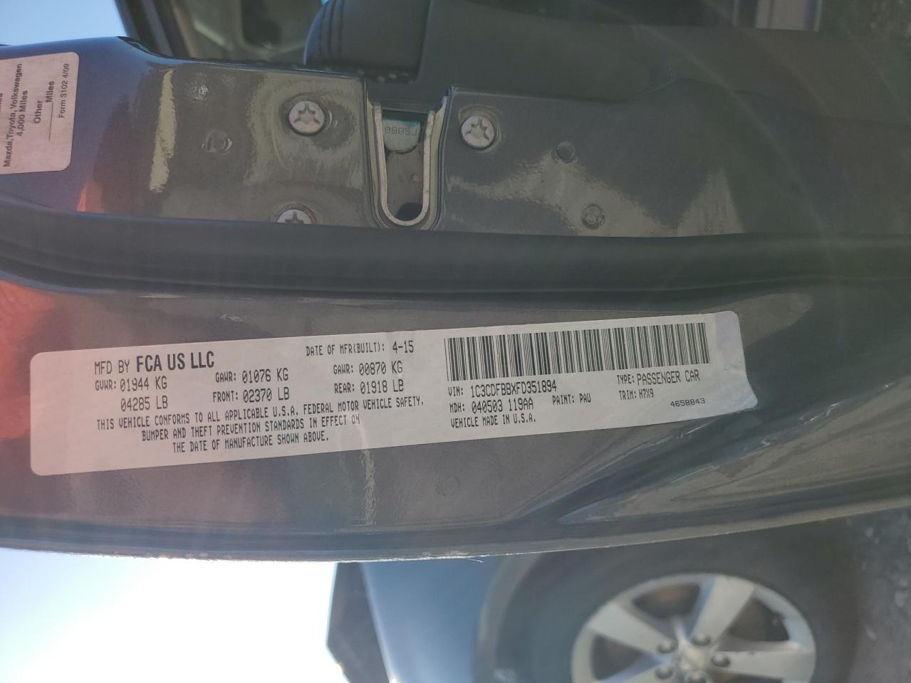 2015 Dodge Dart Sxt VIN: 1C3CDFBBXFD351894 Lot: 64845315