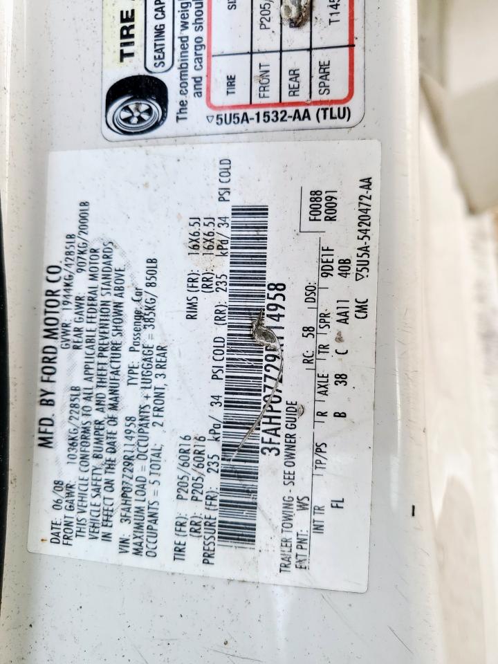 2009 Ford Fusion Se VIN: 3FAHP07Z29R114958 Lot: 62763115