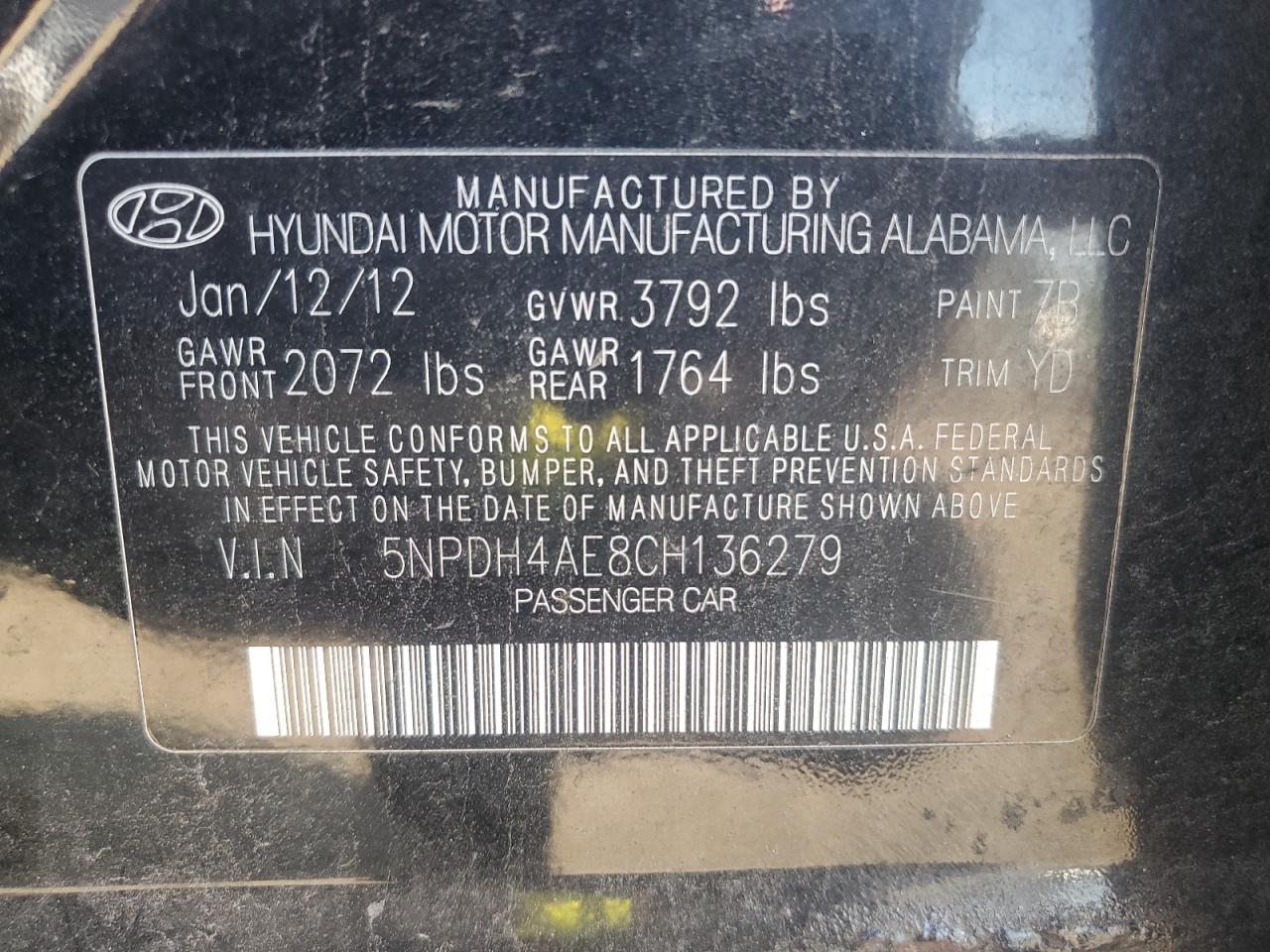 2012 Hyundai Elantra Gls VIN: 5NPDH4AE8CH136279 Lot: 62868795