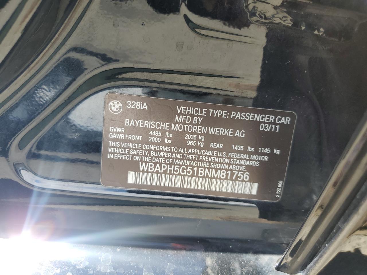 2011 BMW 328 I Sulev VIN: WBAPH5G51BNM81756 Lot: 65942975