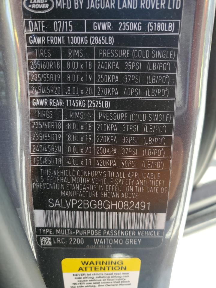 2016 Land Rover Range Rover Evoque Se VIN: SALVP2BG8GH082491 Lot: 64788005