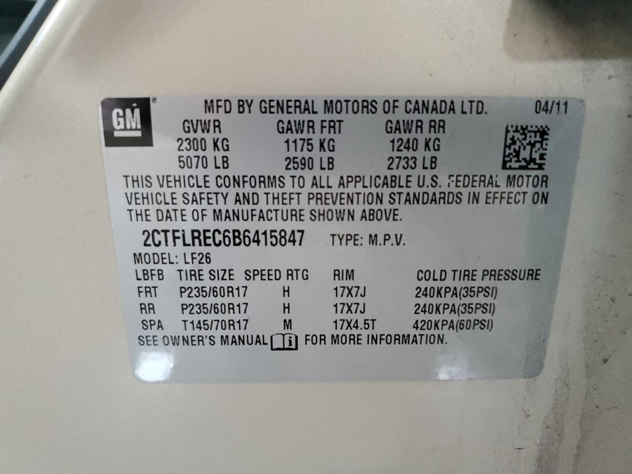 2011 GMC Terrain Sle VIN: 2CTFLREC6B6415847 Lot: 63406235