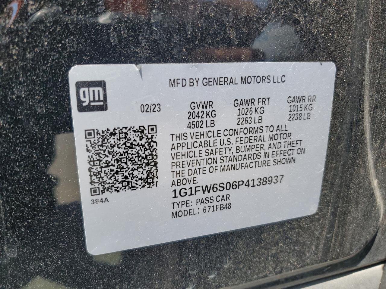 2023 Chevrolet Bolt Ev 1Lt VIN: 1G1FW6S06P4138937 Lot: 63876265