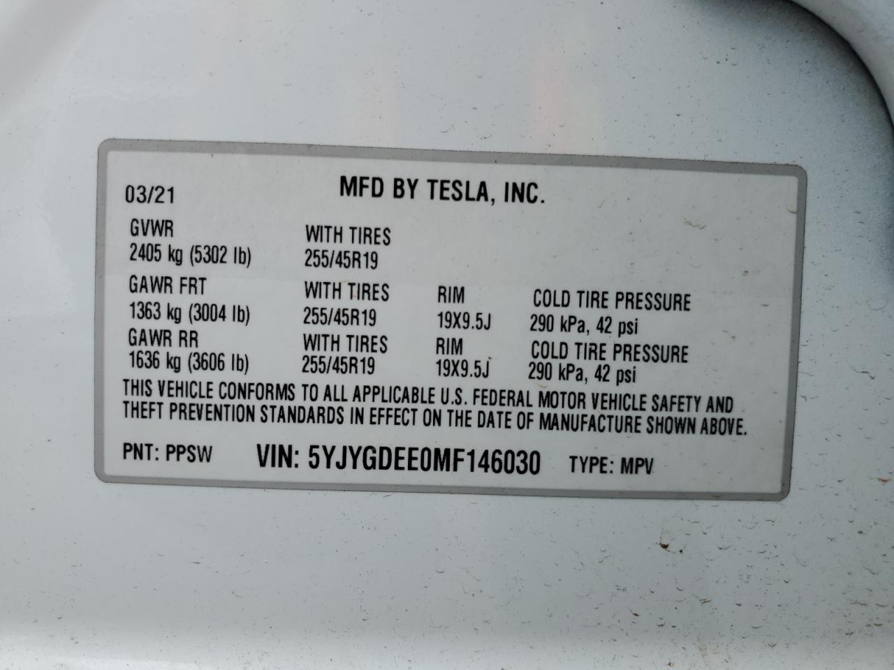2021 Tesla Model Y VIN: 5YJYGDEE0MF146030 Lot: 65436005