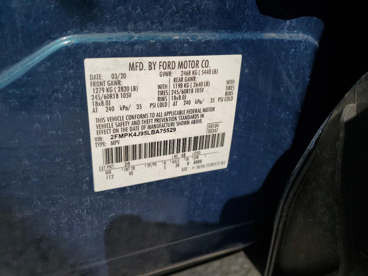 2020 Ford Edge Sel VIN: 2FMPK4J95LBA75529 Lot: 65220385