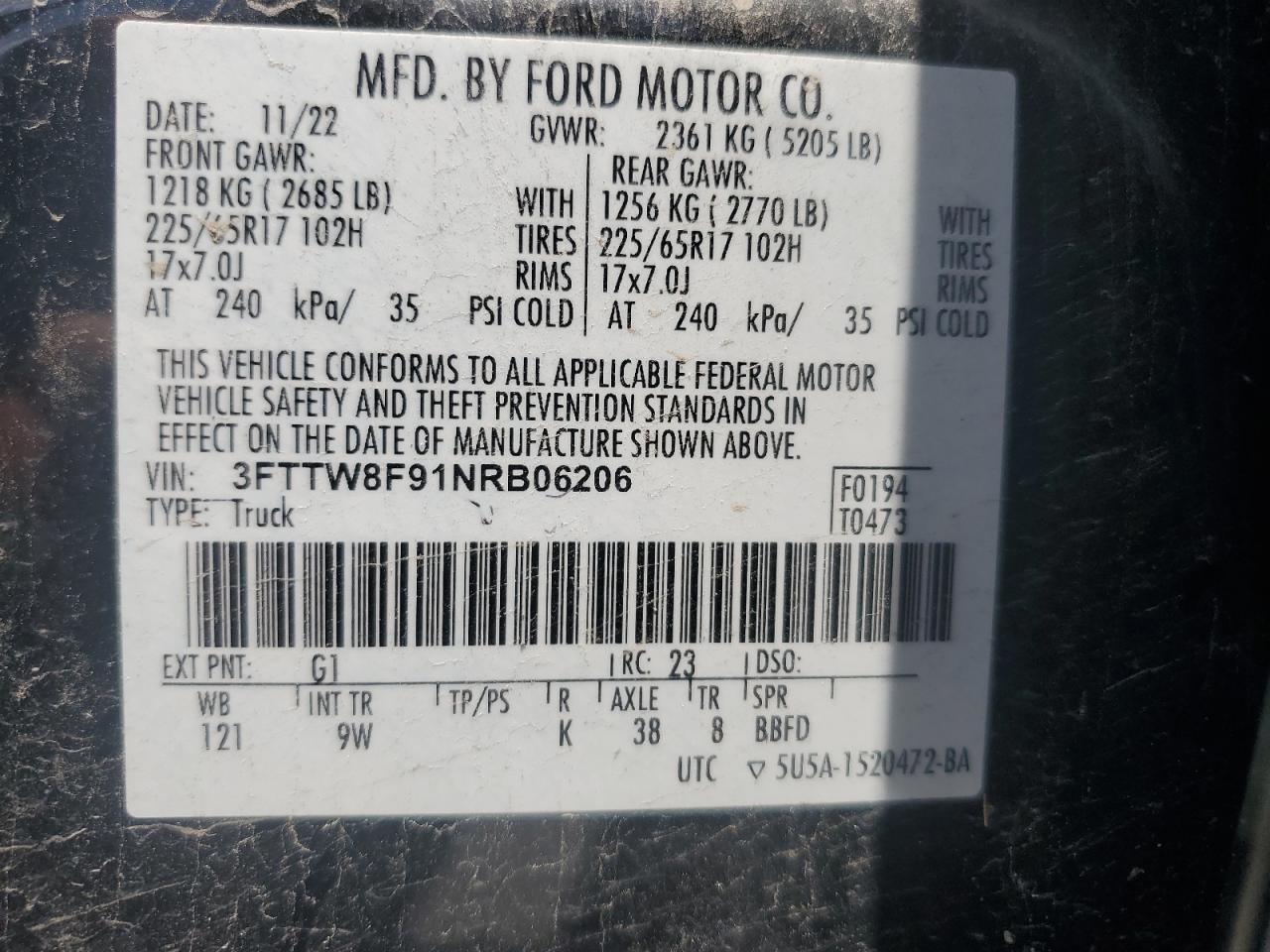 2022 Ford Maverick Xl VIN: 3FTTW8F91NRB06206 Lot: 64034655