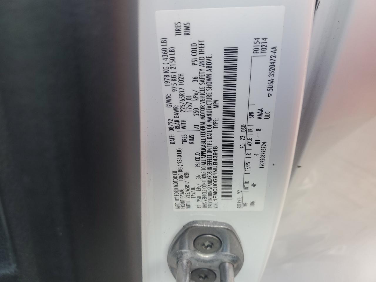 2022 Ford Escape Se VIN: 1FMCU0G61NUB43918 Lot: 64903975