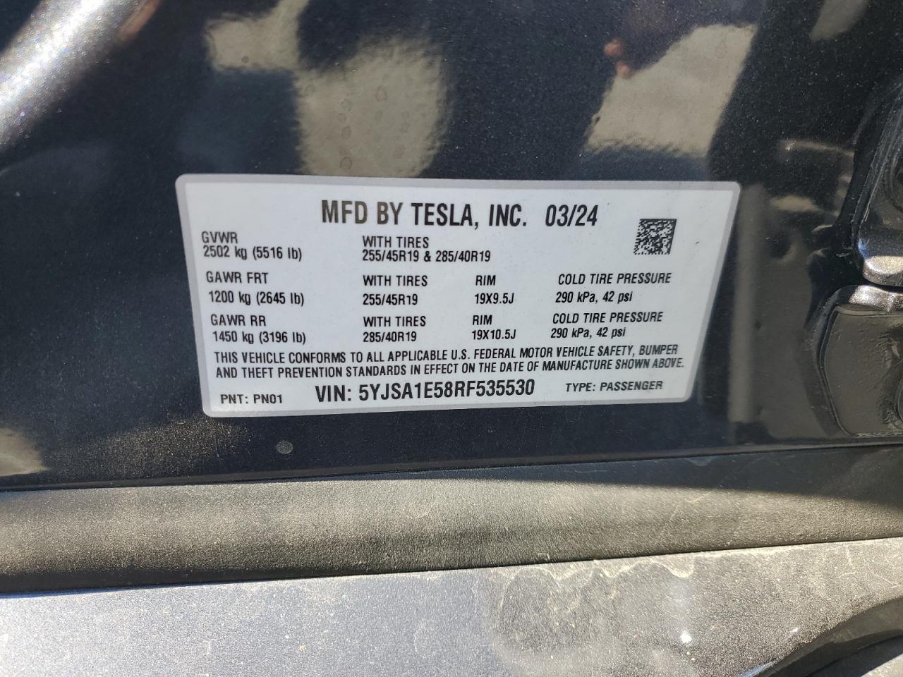 2024 Tesla Model S VIN: 5YJSA1E58RF535530 Lot: 63879585