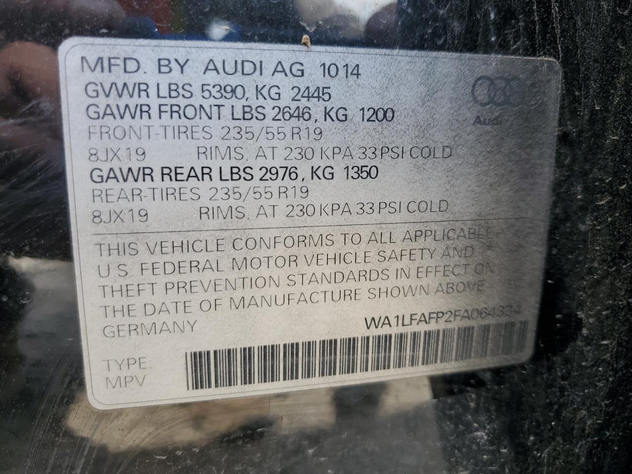 2015 Audi Q5 Premium Plus VIN: WA1LFAFP2FA064334 Lot: 65214065