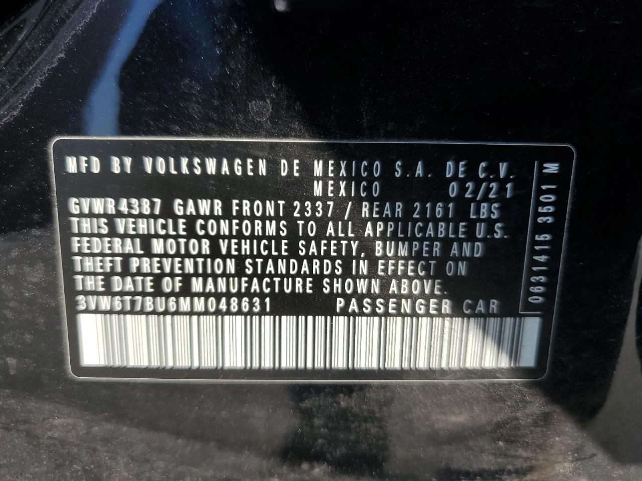 2021 Volkswagen Jetta Gli VIN: 3VW6T7BU6MM048631 Lot: 66218115